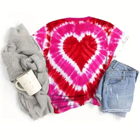 Vivid Pink Red Valentine's Day Heart Print Crew Neck T-Shirt Sz 12 - Picture 2 of 2